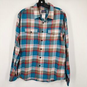 Patagonia Mens Organic Cotton Plaid Flannel Button Down Shirt Blue Tan Size M